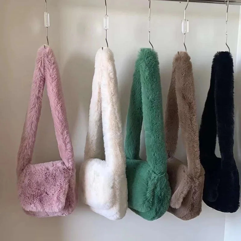 Winter Solid Female Girls Underarm Bag Soft Plush Shoulder Bags