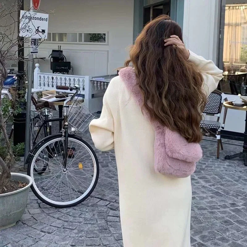 Winter Solid Female Girls Underarm Bag Soft Plush Shoulder Bags