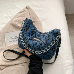 Animal Print Faux Fur Crossbody Bag Chain Handbag