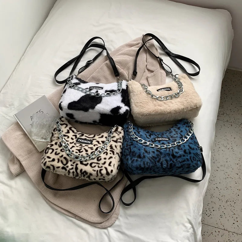 Animal Print Faux Fur Crossbody Bag Chain Handbag