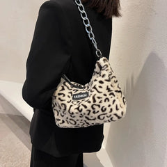 Animal Print Faux Fur Crossbody Bag Chain Handbag
