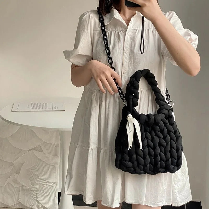 Winter Thick Rope Woven Handbag For Women With Long Chain Crossbody Bag
