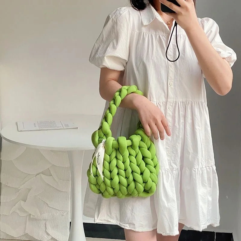 Winter Thick Rope Woven Handbag For Women With Long Chain Crossbody Bag