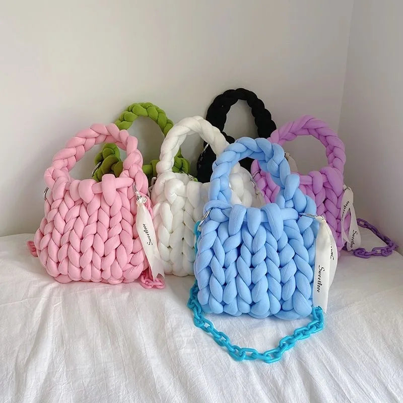 Winter Thick Rope Woven Handbag For Women With Long Chain Crossbody Bag