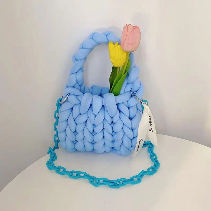 Winter Thick Rope Woven Handbag For Women With Long Chain Crossbody Bag