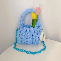 Winter Thick Rope Woven Handbag For Women With Long Chain Crossbody Bag