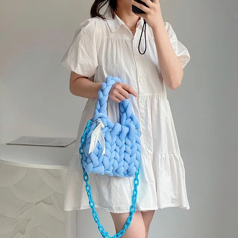 Winter Thick Rope Woven Handbag For Women With Long Chain Crossbody Bag