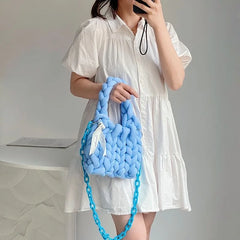 Winter Thick Rope Woven Handbag For Women With Long Chain Crossbody Bag