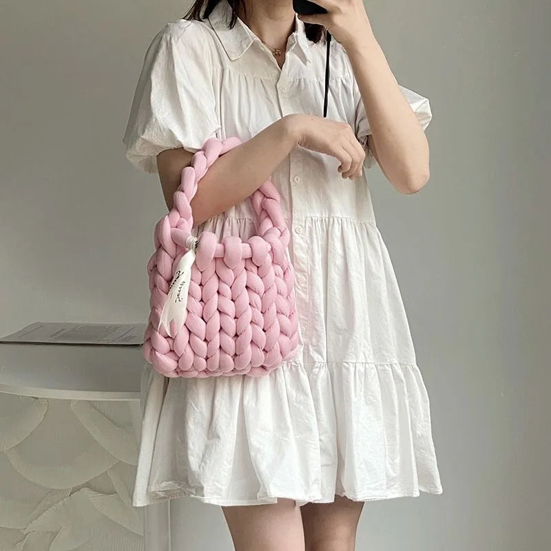 Winter Thick Rope Woven Handbag For Women With Long Chain Crossbody Bag