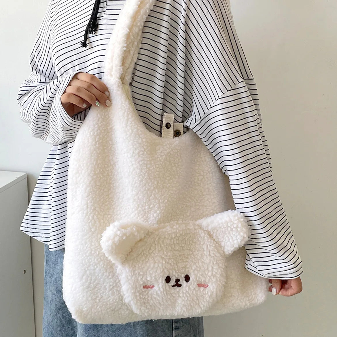 Winter Lambswool Shoulder Bag Girls Ins Brown Bear Soft Plush Shopper Bags
