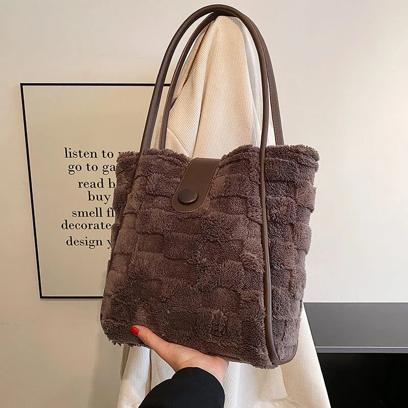 Winter Fur Tote Handbag for Women, Large Warm Shoulder Bag