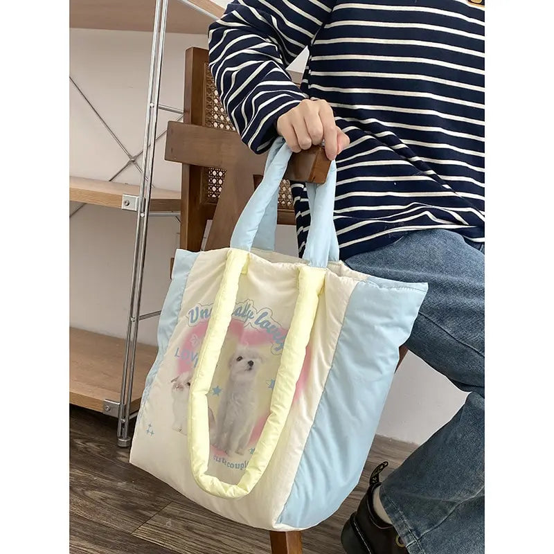 Winter Down Feeling Large Capacity Tote Bag Women's Puppy Print Shoulder Bag