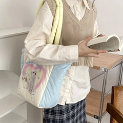 Winter Down Feeling Large Capacity Tote Bag Women's Puppy Print Shoulder Bag