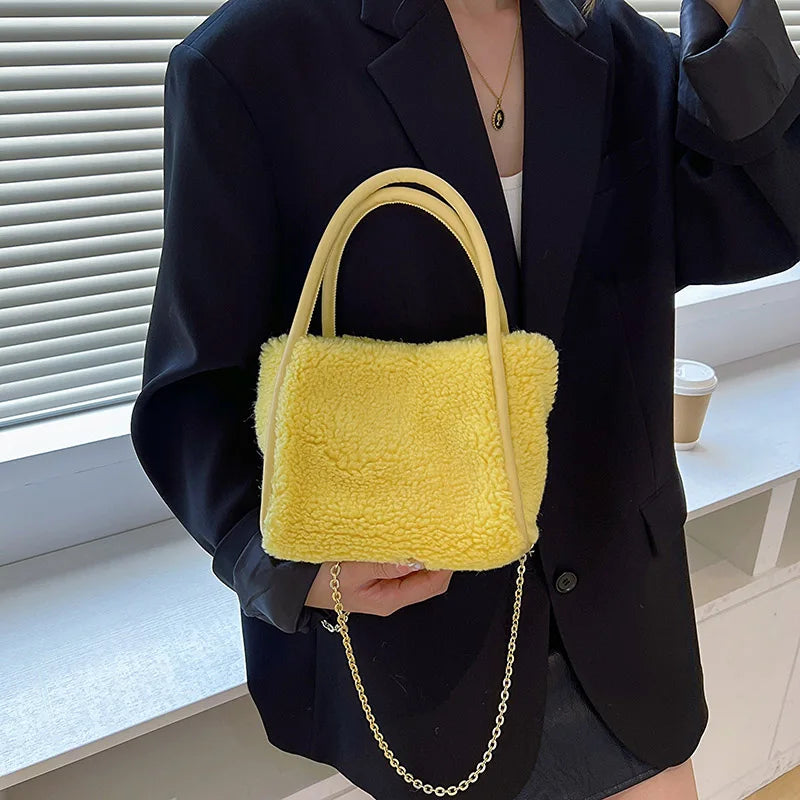 Women's Winter Faux Fur Handbag Totes in Green Yellow Purple