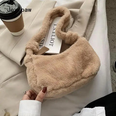 Winter Soft Plush Shoulder Bags for Women Vintage Solid Tote Bag