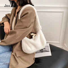 Winter Soft Plush Shoulder Bags for Women Vintage Solid Tote Bag