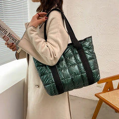 Winter Nylon Padded Tote Bag Quilted Plaid Women Handbags Shoulder Bags