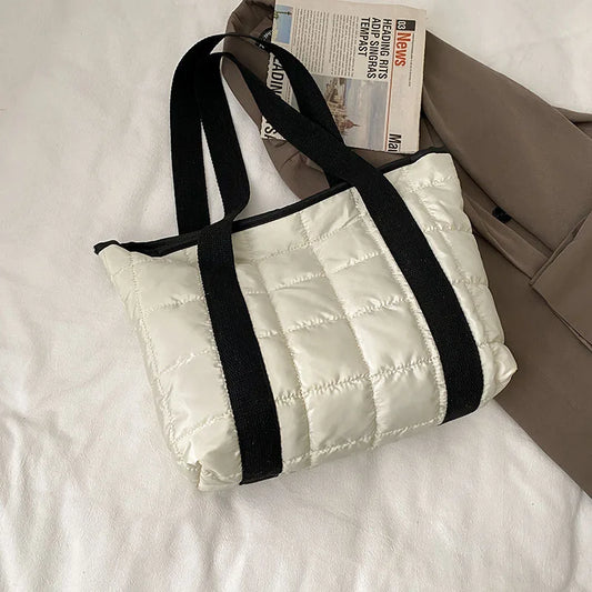 Winter Nylon Padded Tote Bag Quilted Plaid Women Handbags Shoulder Bags