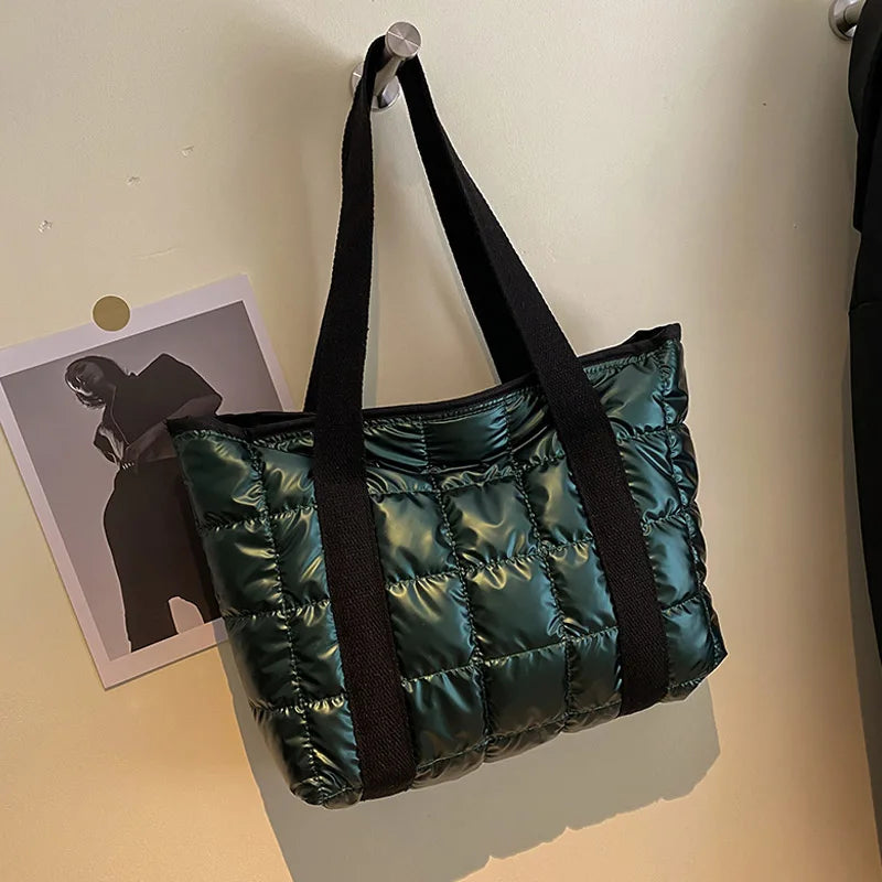 Winter Nylon Padded Tote Bag Quilted Plaid Women Handbags Shoulder Bags