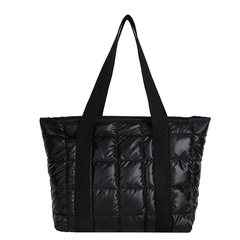 Winter Nylon Padded Tote Bag Quilted Plaid Women Handbags Shoulder Bags