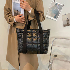 Winter Nylon Padded Tote Bag Quilted Plaid Women Handbags Shoulder Bags