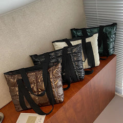 Winter Nylon Padded Tote Bag Quilted Plaid Women Handbags Shoulder Bags