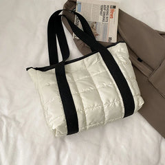 Winter Nylon Padded Tote Bag Quilted Plaid Women Handbags Shoulder Bags
