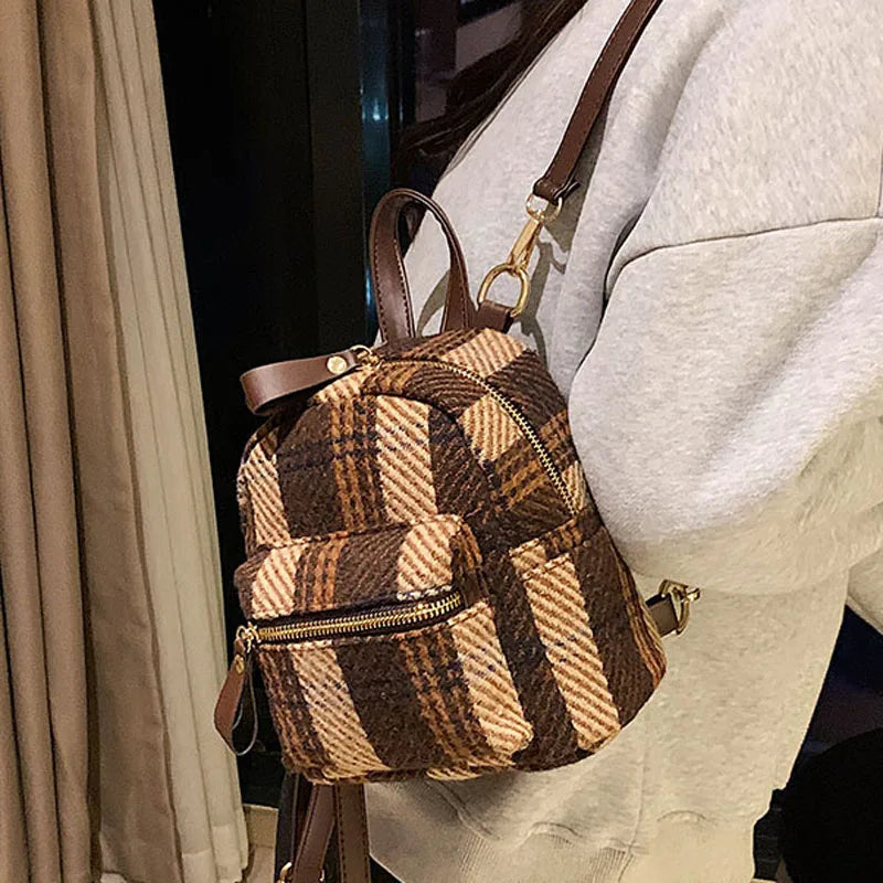 Winter Plaid Nylon Women Backpack Students Small Schoolbag Campus Stripe Style