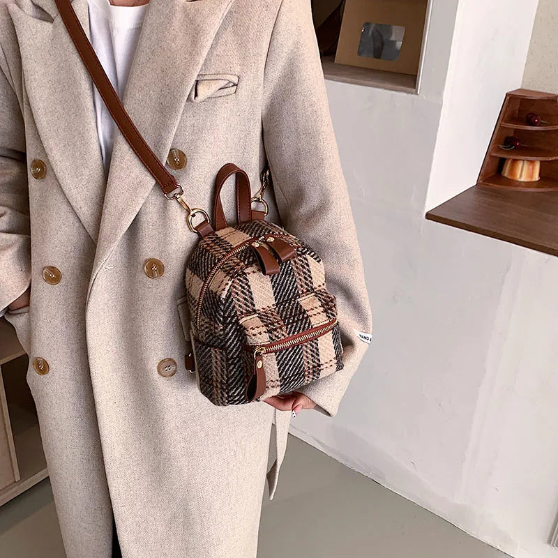 Winter Plaid Nylon Women Backpack Students Small Schoolbag Campus Stripe Style