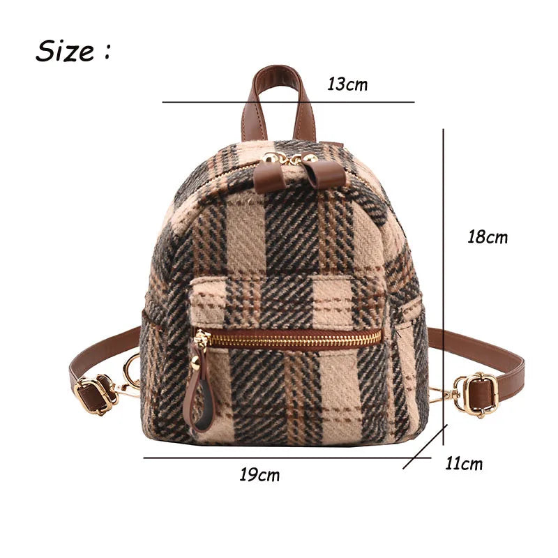 Winter Plaid Nylon Women Backpack Students Small Schoolbag Campus Stripe Style