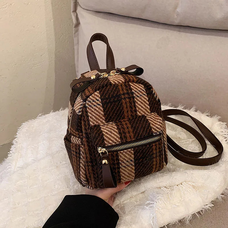 Winter Plaid Nylon Women Backpack Students Small Schoolbag Campus Stripe Style
