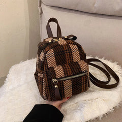 Winter Plaid Nylon Women Backpack Students Small Schoolbag Campus Stripe Style