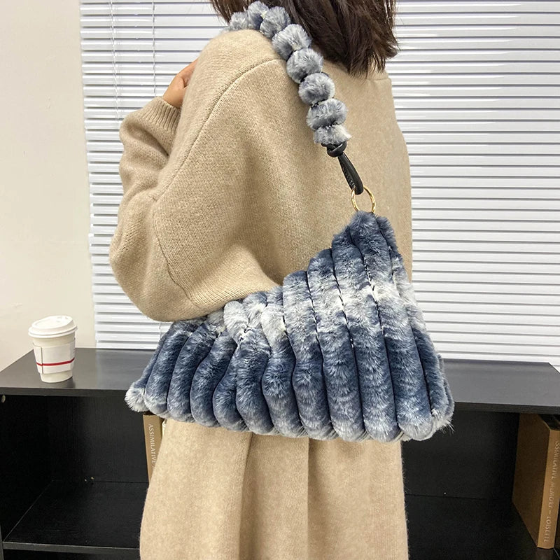 Winter Women Handbags Faux Fur Gradient Crossbody Bags Ladies Totes Shopping Bag
