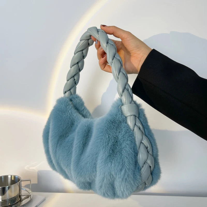 Women Vintage Faux Fur Crossbody Bag High Braided Tote Shopping Bolso