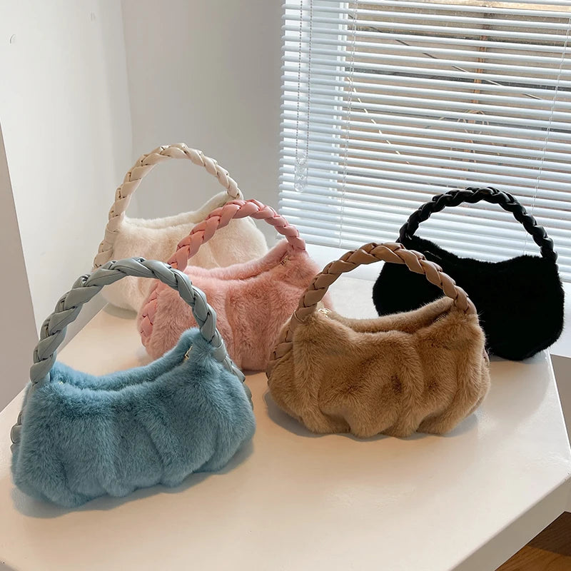 Women Vintage Faux Fur Crossbody Bag High Braided Tote Shopping Bolso