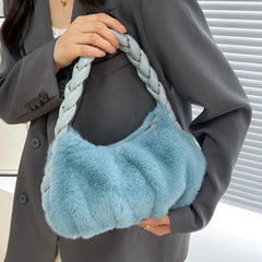 Women Vintage Faux Fur Crossbody Bag High Braided Tote Shopping Bolso
