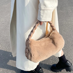Women Vintage Faux Fur Crossbody Bag High Braided Tote Shopping Bolso