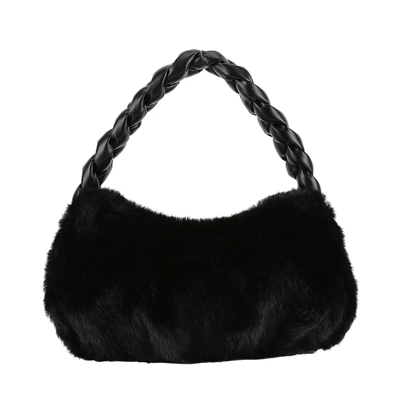 Women Vintage Faux Fur Crossbody Bag High Braided Tote Shopping Bolso