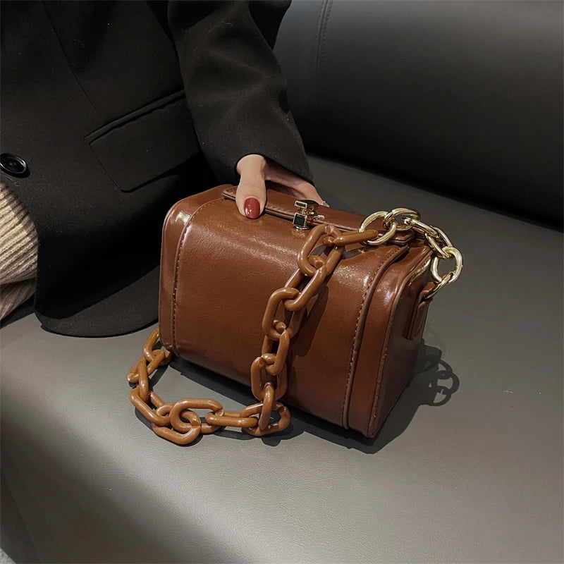 Vintage PU Leather Crossbody Bag Box Shaped Handbag