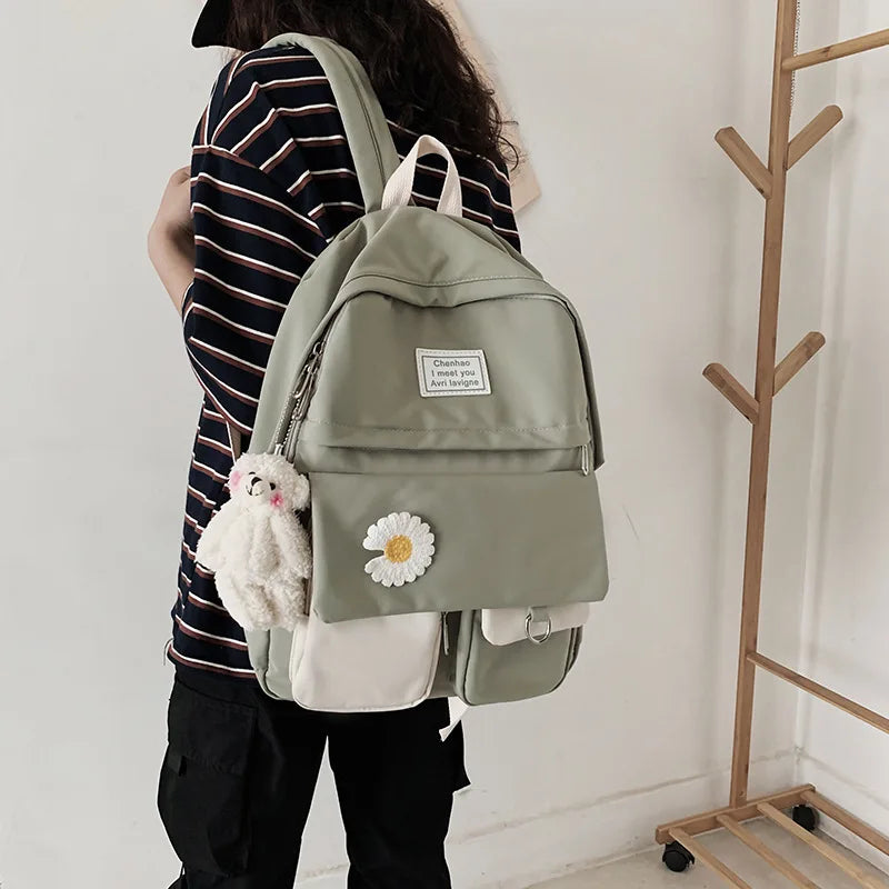 Nylon Backpack with Doll Pendant for Teenage Girls