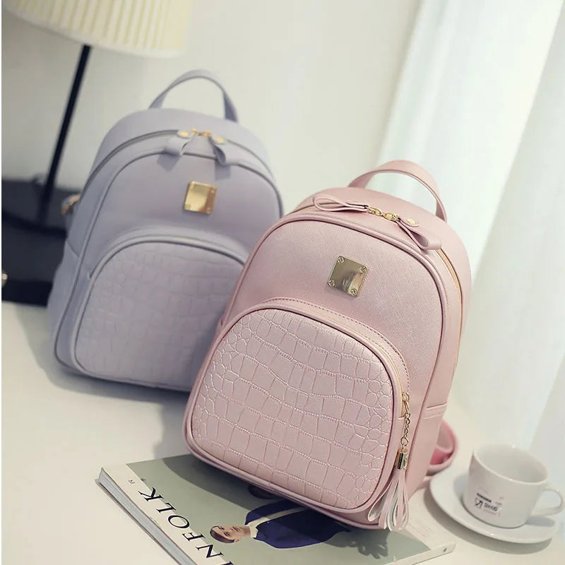 Women Backpack PU Leather Tassel Schoolbag for Teenager Girls Female