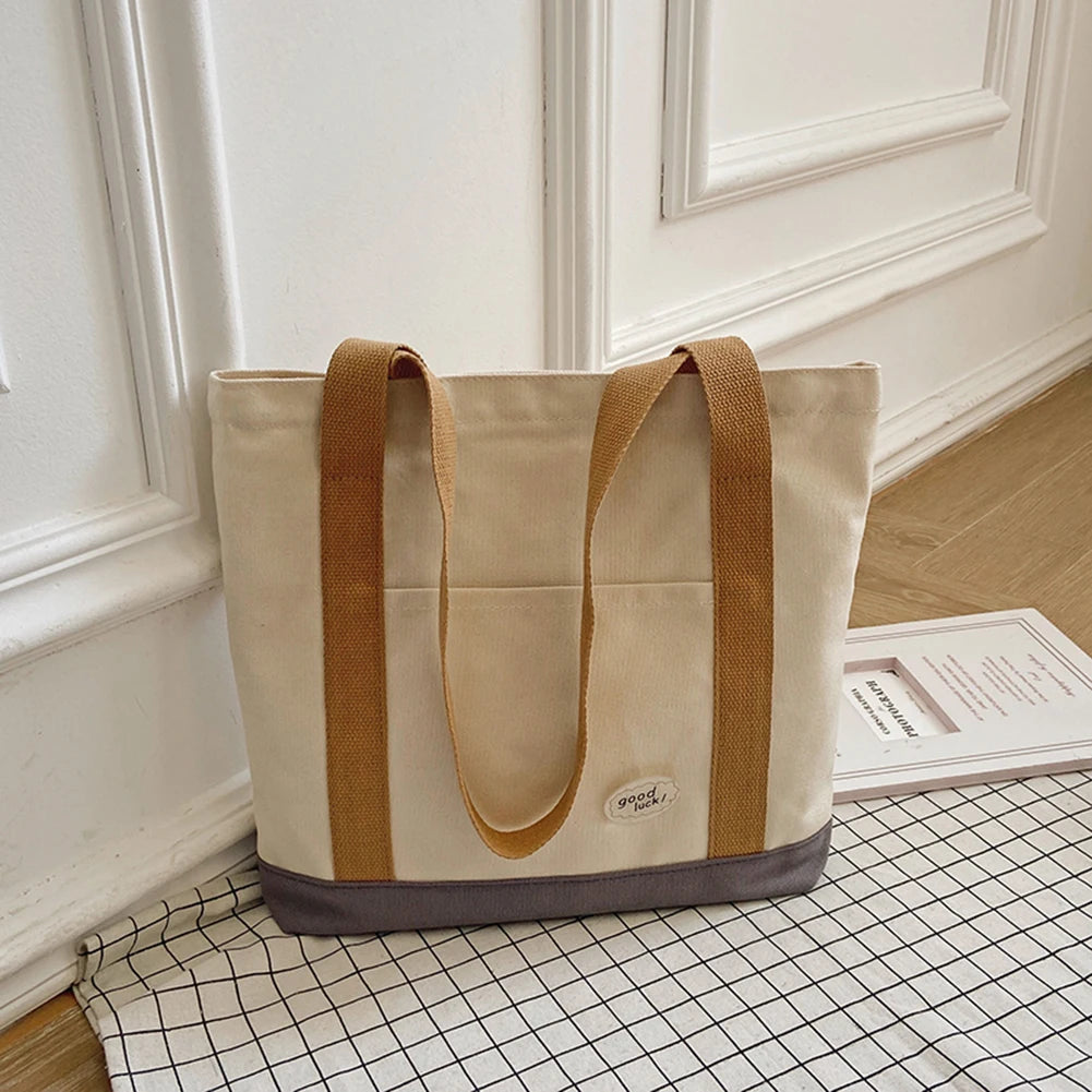 Women Canvas Bag Contrast Letter Print Tote Bags Female Large Capacity