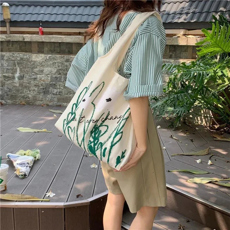 Women Canvas Shoulder Bag Orchid Printing Casual Handbag Tote Bag