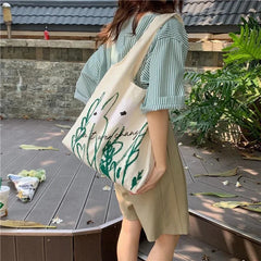 Women Canvas Shoulder Bag Orchid Printing Casual Handbag Tote Bag
