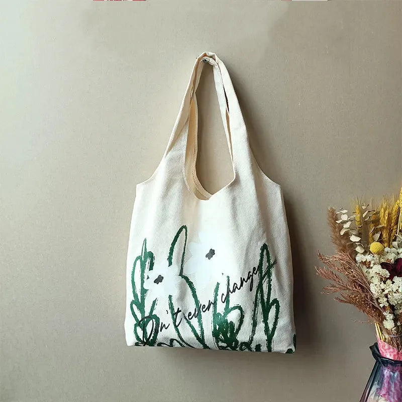 Women Canvas Shoulder Bag Orchid Printing Casual Handbag Tote Bag