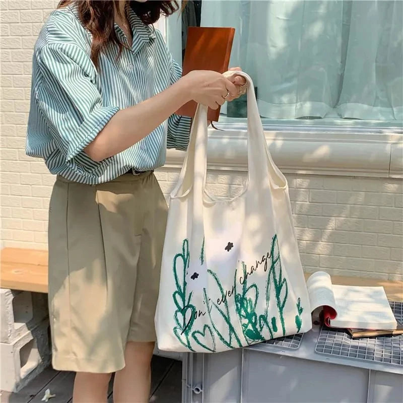 Women Canvas Shoulder Bag Orchid Printing Casual Handbag Tote Bag