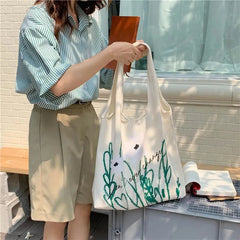 Women Canvas Shoulder Bag Orchid Printing Casual Handbag Tote Bag