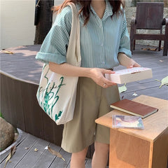 Women Canvas Shoulder Bag Orchid Printing Casual Handbag Tote Bag