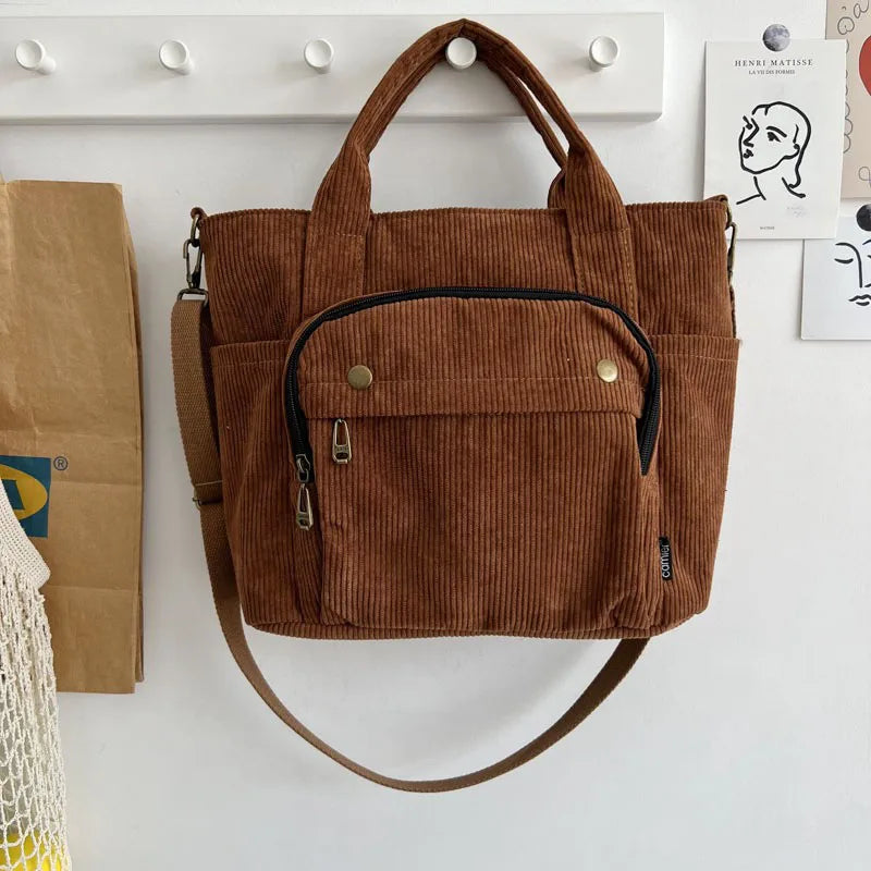 Women Corduroy Shoulder Tote Handbag Canvas Messenger Zipper Bag