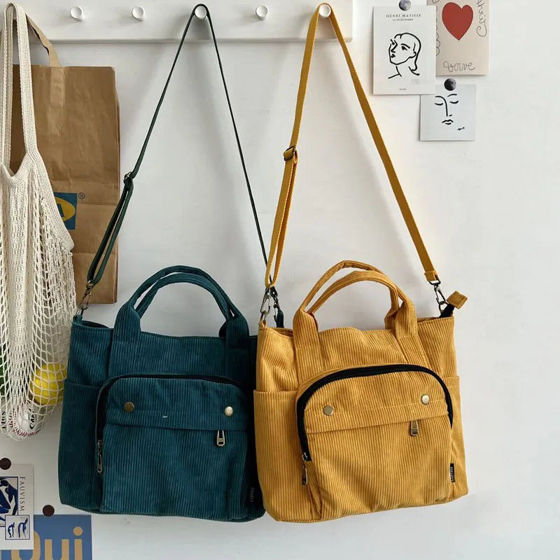 Women Corduroy Shoulder Tote Handbag Canvas Messenger Zipper Bag